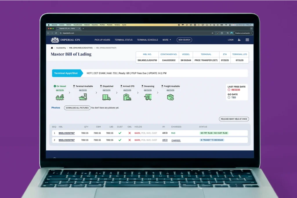 Laptop showing a dashboard with information about Master Bill cargo shipment and House Bill details
