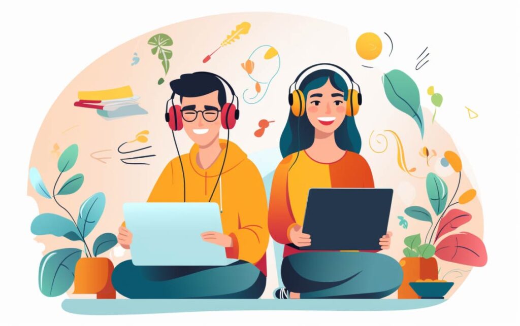 Ilustración de dos personas felices aprendiendo sobre marketing digital con sus computadoras